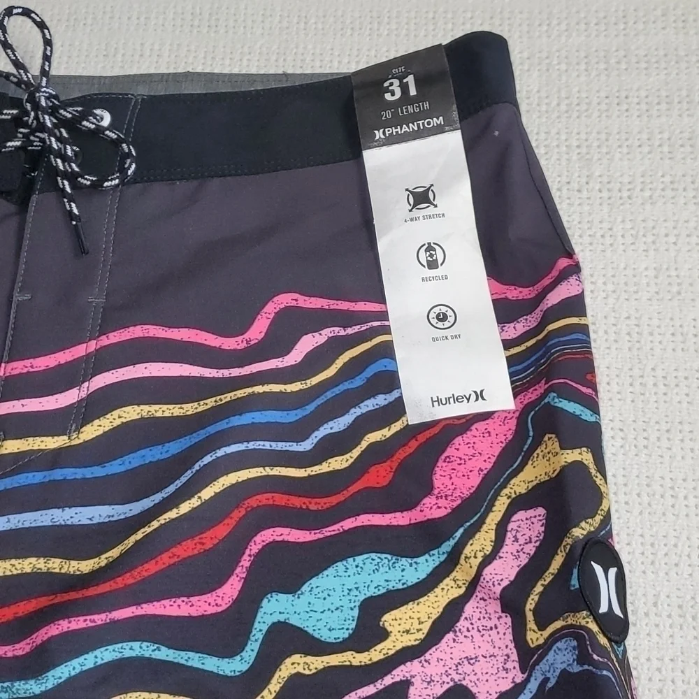 Hurley Phantom Embroidered Rainbow Cinched‎ Black Sz. 31 Board Shorts w Pocket